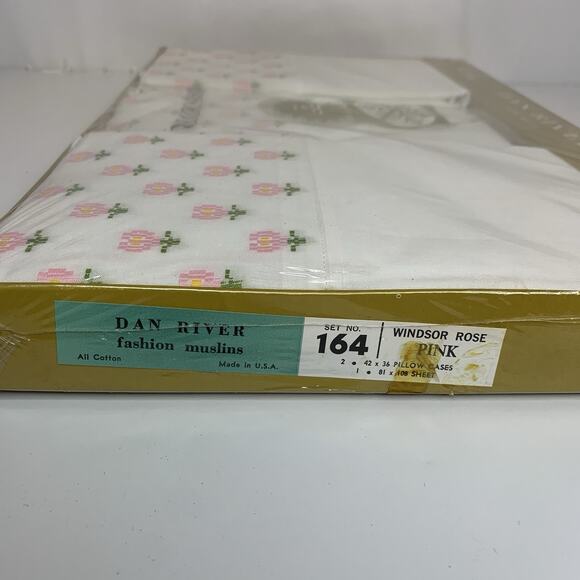 Vintage Dan River Mills Fine Muslin Sheet Set Full Size Pink Windsor Rose NO 164 - Picture 9 of 9